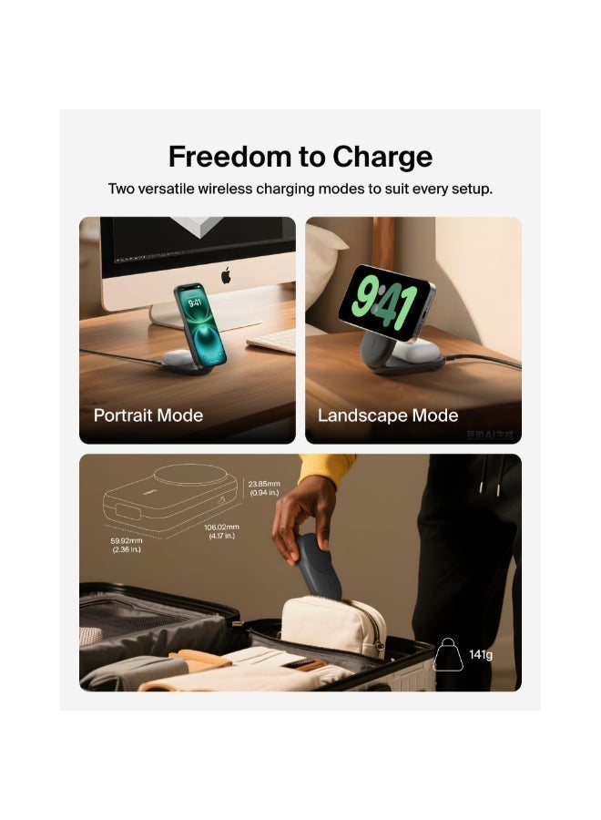 بيلكين دوك شحن لاسلكي قابل للطي UltraCharge Pro 3 في 1 مع MagSafe | شاحن سريع Qi2 بقوة 25 واط لهواتف iPhone 17/16/15/14/13 وساعة آبل وAirPods، مع مزود طاقة USB-C بقوة 45 واط وكابل - شكل مربع - Image 4