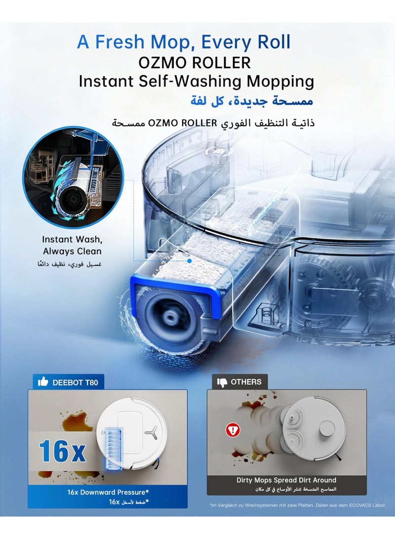 ecovacs DEEBOT T80 Omni Robot Vacuum and Mop, 18,000Pa Suction, OZMO™ Roller Real-Time Mop Washing, Self-Emptying, Hot Air Drying, AI Navigation, Anti-Tangle Brush, for Pets, Carpets & Hard Floors 110 ml 80 W DEEBOT T80 OMNI Black - Image 2