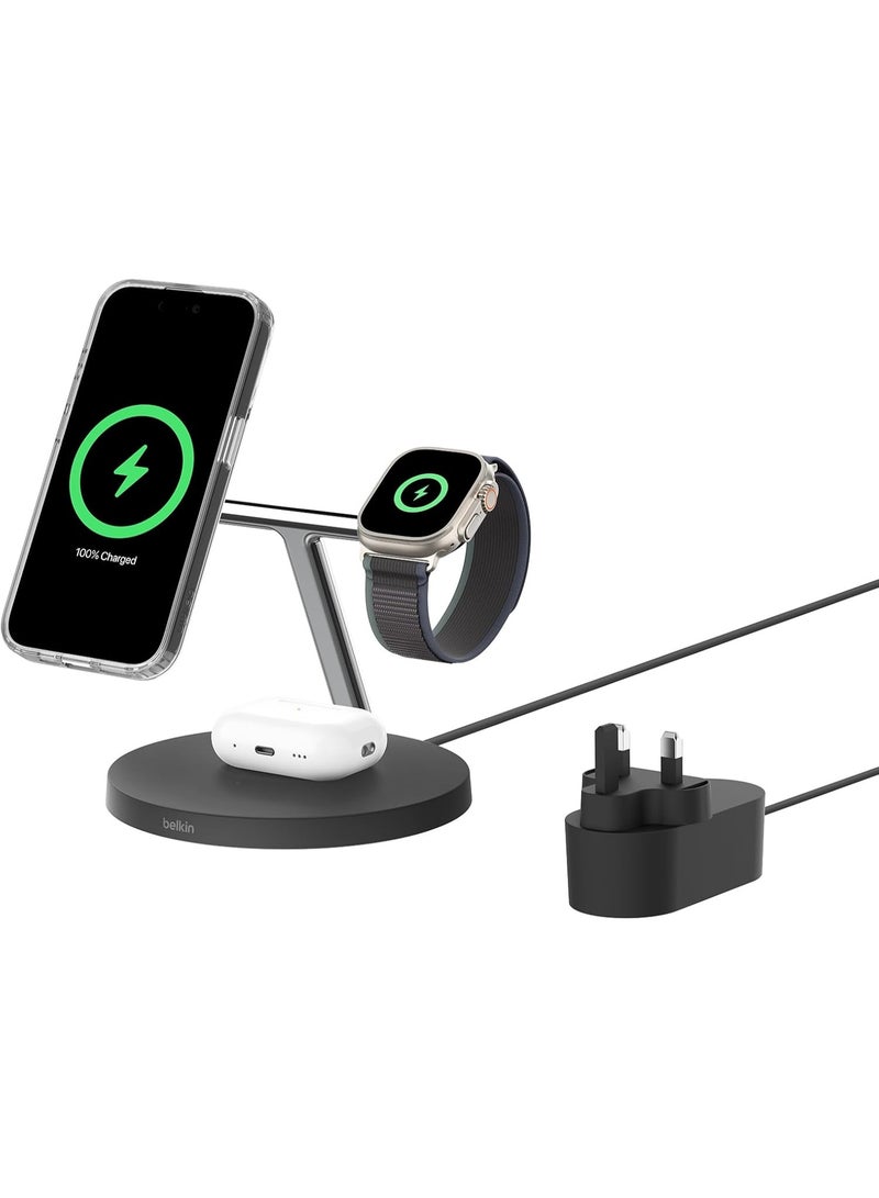 belkin BoostCharge 3-in-1 Qi2 charger, MagSafe compatible wireless charging station, Qi2 Wireless Charger for Apple iPhone 17 Series, Air, Apple Watch, AirPods with Non-Slip Base, PSU Included - Black - Image 1
