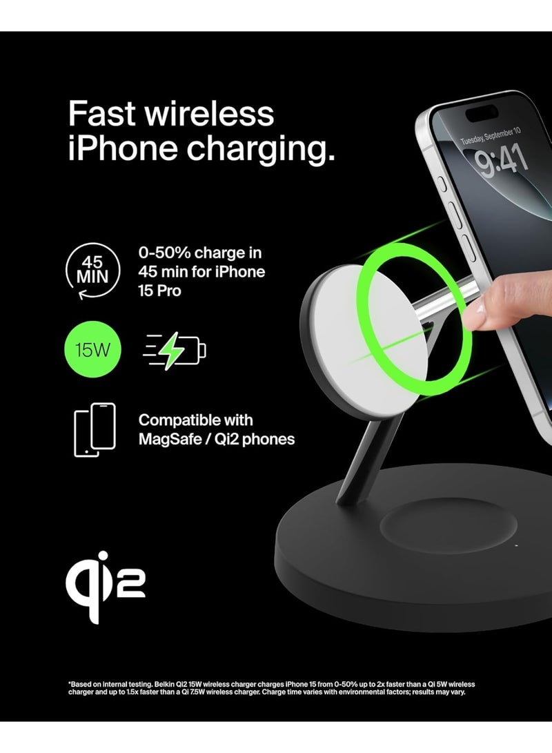 belkin BoostCharge 3-in-1 Qi2 charger, MagSafe compatible wireless charging station, Qi2 Wireless Charger for Apple iPhone 17 Series, Air, Apple Watch, AirPods with Non-Slip Base, PSU Included - Black - Image 3