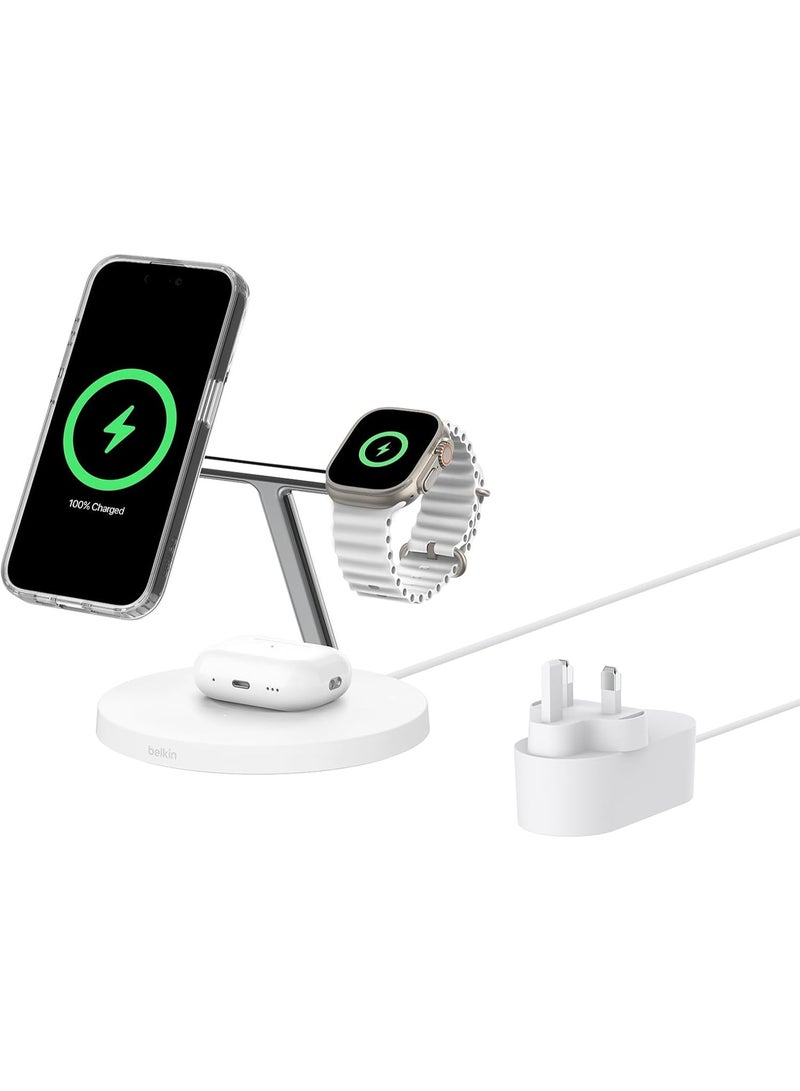 belkin BoostCharge 3-in-1 Qi2 charger, MagSafe compatible wireless charging station, Qi2 Wireless Charger for Apple iPhone 17 Series, Air, Apple Watch, AirPods with Non-Slip Base, PSU Included - White - Image 1