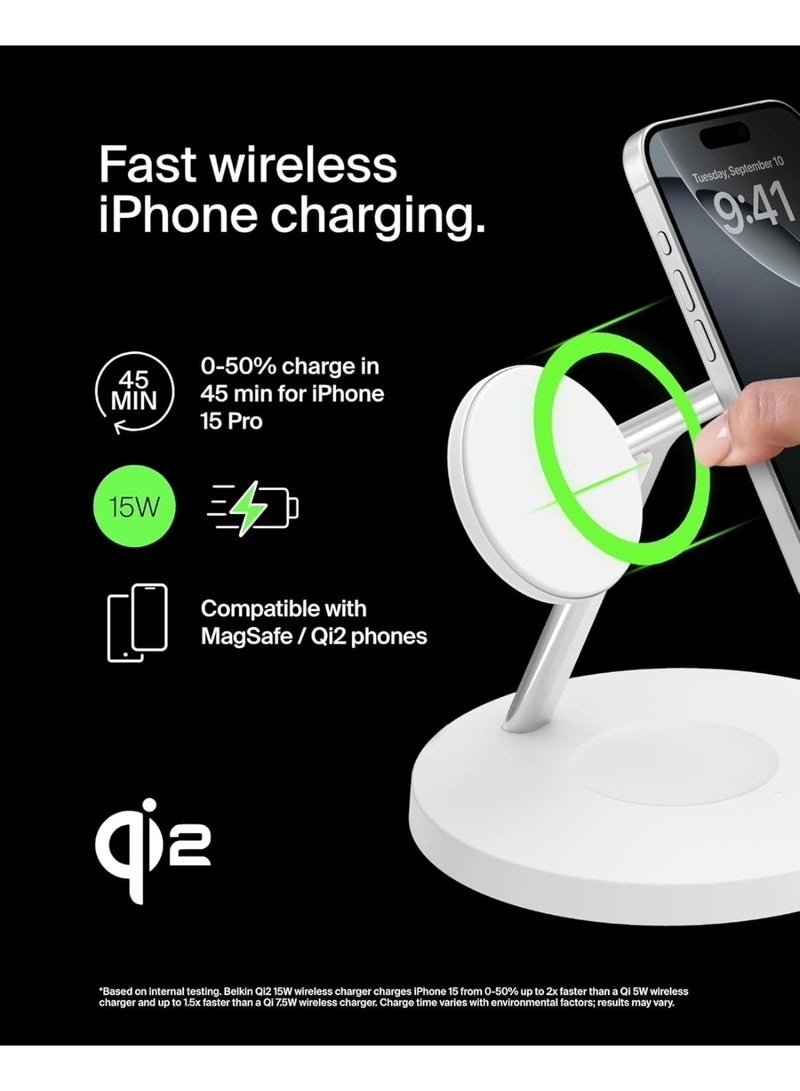 belkin BoostCharge 3-in-1 Qi2 charger, MagSafe compatible wireless charging station, Qi2 Wireless Charger for Apple iPhone 17 Series, Air, Apple Watch, AirPods with Non-Slip Base, PSU Included - White - Image 3