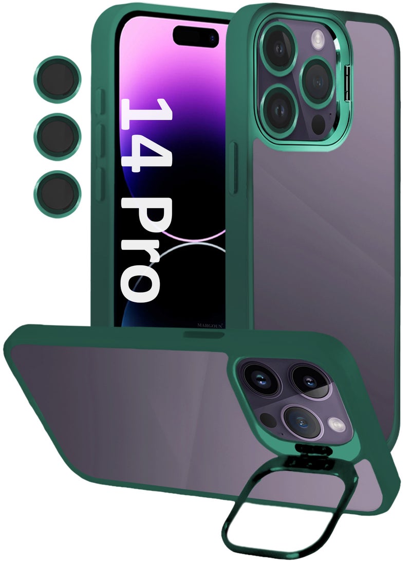 MARGOUN Clear Protective Case with Camera Lens Guard and Flip Stand for iPhone 14 Pro – Anti-Scratch Shockproof Cover - green - Image 1