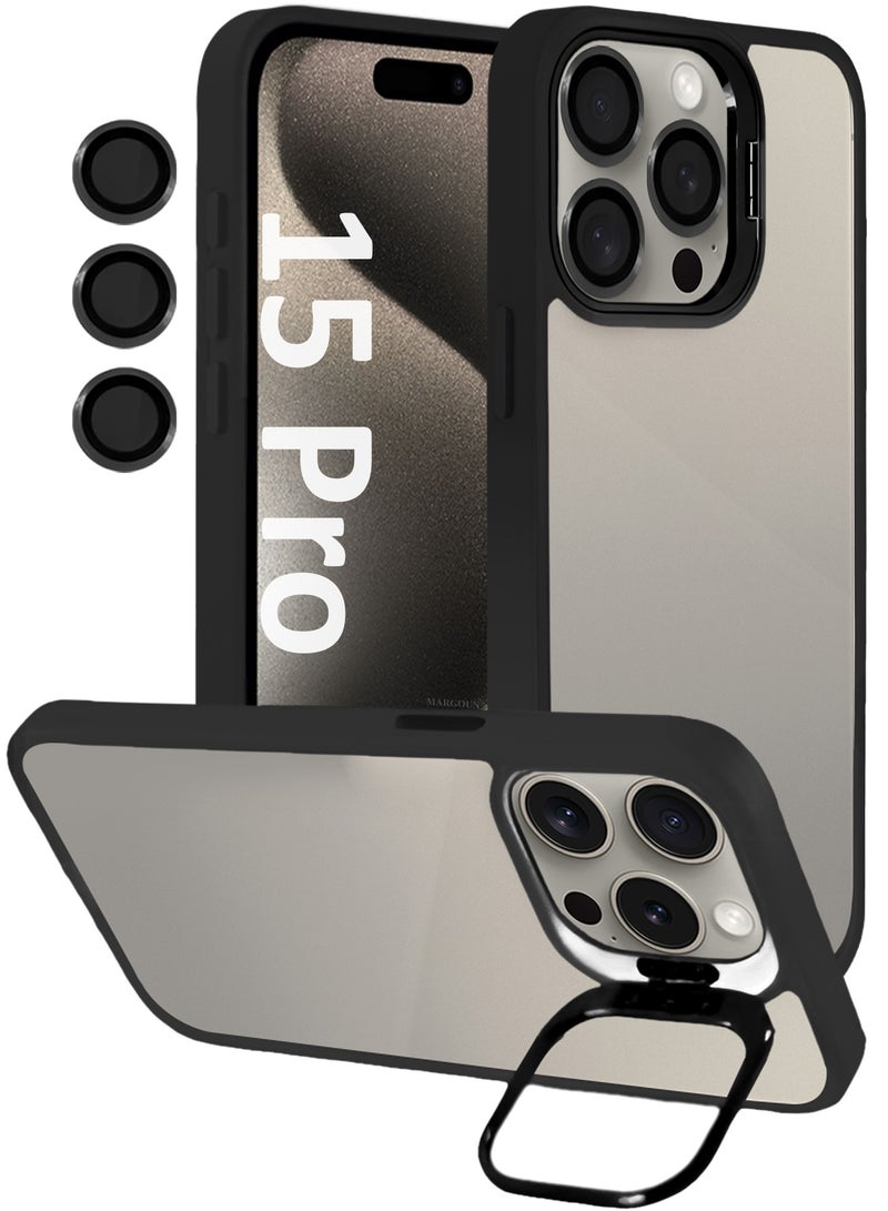 MARGOUN Clear Protective Case with Camera Lens Guard and Flip Stand for iPhone 15 Pro  – Anti-Scratch Shockproof Cover - black - Image 1