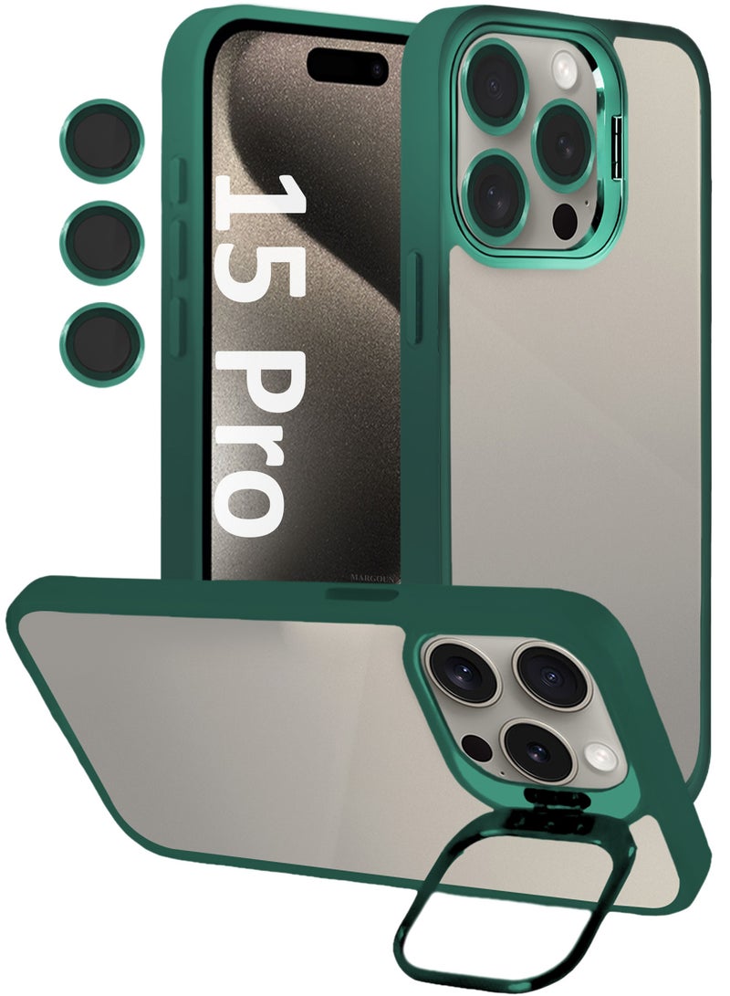 MARGOUN Clear Protective Case with Camera Lens Guard and Flip Stand for iPhone 15 Pro  – Anti-Scratch Shockproof Cover - green - Image 1