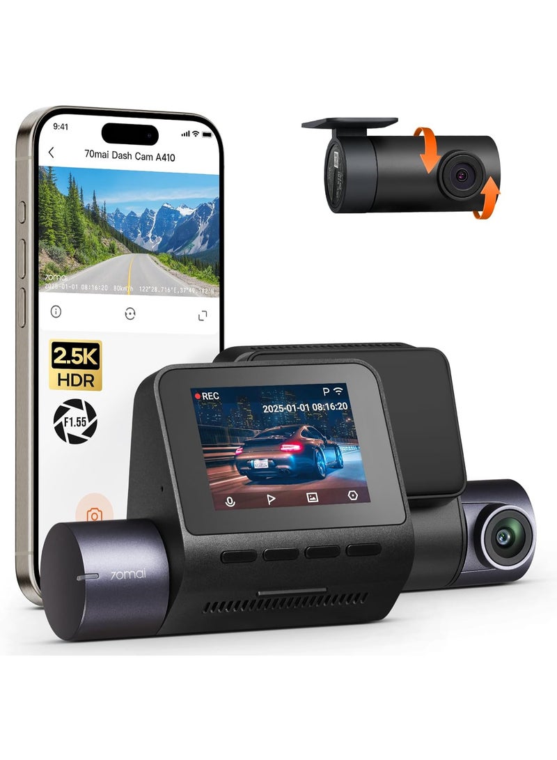 70 ماي 70mai Dash Cam Front and Rear Set- 2.5K+1080P Dual Dash Camera with HDR, Super Night Vision, F1.55 Aperture, 24H Parking Mode, Built-in Wi-Fi & GPS, G-Sensor, Loop Recording - Image 1