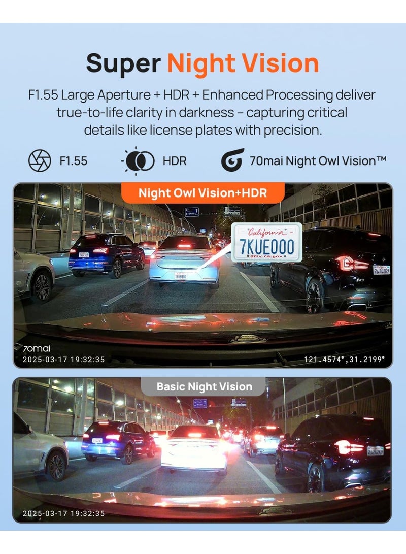70 ماي 70mai Dash Cam Front and Rear Set- 2.5K+1080P Dual Dash Camera with HDR, Super Night Vision, F1.55 Aperture, 24H Parking Mode, Built-in Wi-Fi & GPS, G-Sensor, Loop Recording - Image 3