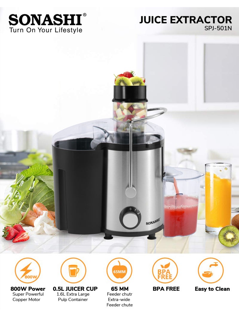 سوناشي عصارة كهربائية 1.6 لتر / مستخرج عصير الفواكه والخضروات | 800 واط | عصارة طرد مركزي | إعداد سرعة مزدوجة | حاوية لب كبيرة | هيكل من الفولاذ المقاوم للصدأ وشبكة مصفاة | حماية من ارتفاع درجة حرارة المحرك | سهل الاستخدام / التنظيف | SPJ-501 أسود / فضي - Image 1