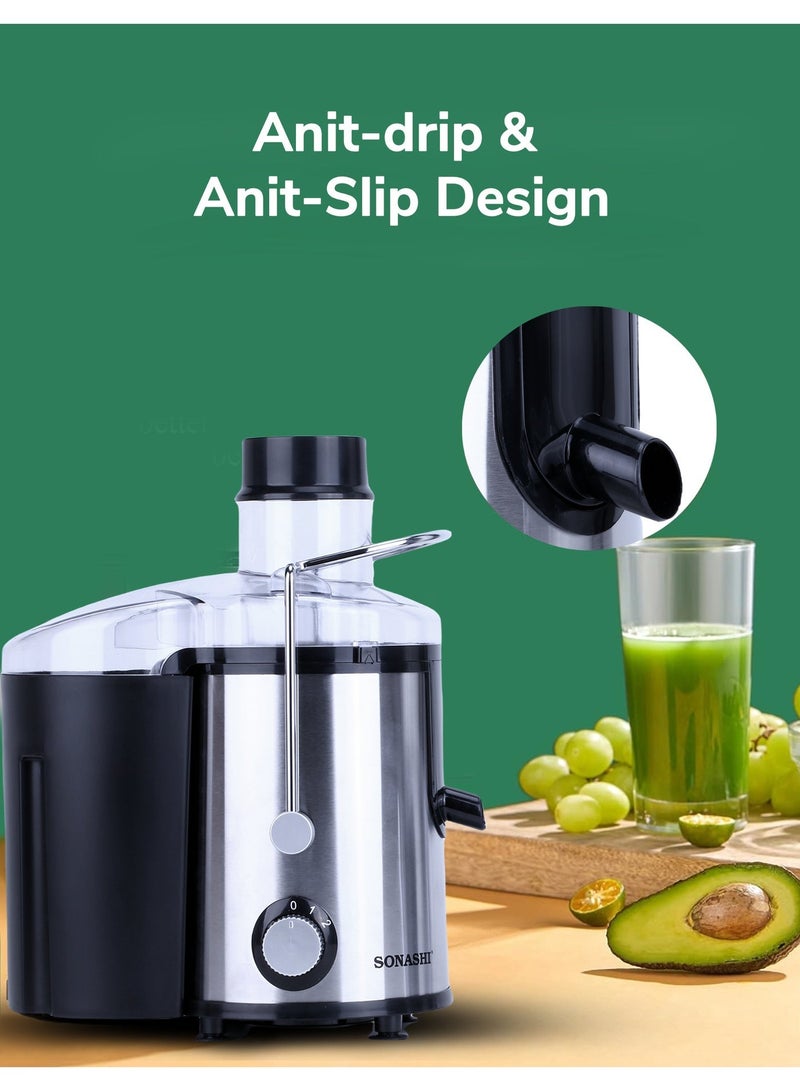 سوناشي عصارة مركزية بقوة 800 واط / مستخرج عصير الفواكه والخضروات | إعداد سرعة مزدوجة | حاوية لب 1.6 لتر كبيرة | هيكل من الفولاذ المقاوم للصدأ وشبكة مصفاة | حماية من ارتفاع درجة حرارة المحرك | سهل الاستخدام / التنظيف | SPJ-501 أسود / فضي - Image 3