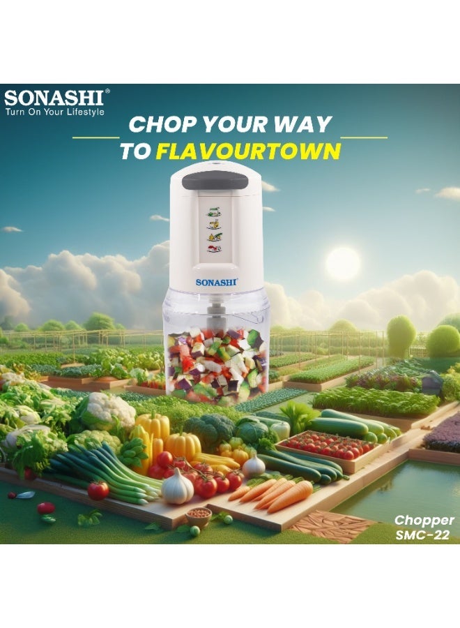 سوناشي 500 مل مفرمة لحم متعددة الوظائف / قاطع طعام وعاء غير قابل للكسر | 300 واط | شفرات مزدوجة من الفولاذ المقاوم للصدأ | إعدادين للسرعة | حماية من السخونة الزائدة ونظام قفل الأمان | تقطيع، تكسير وفرم | SMC-22 أبيض - Image 1