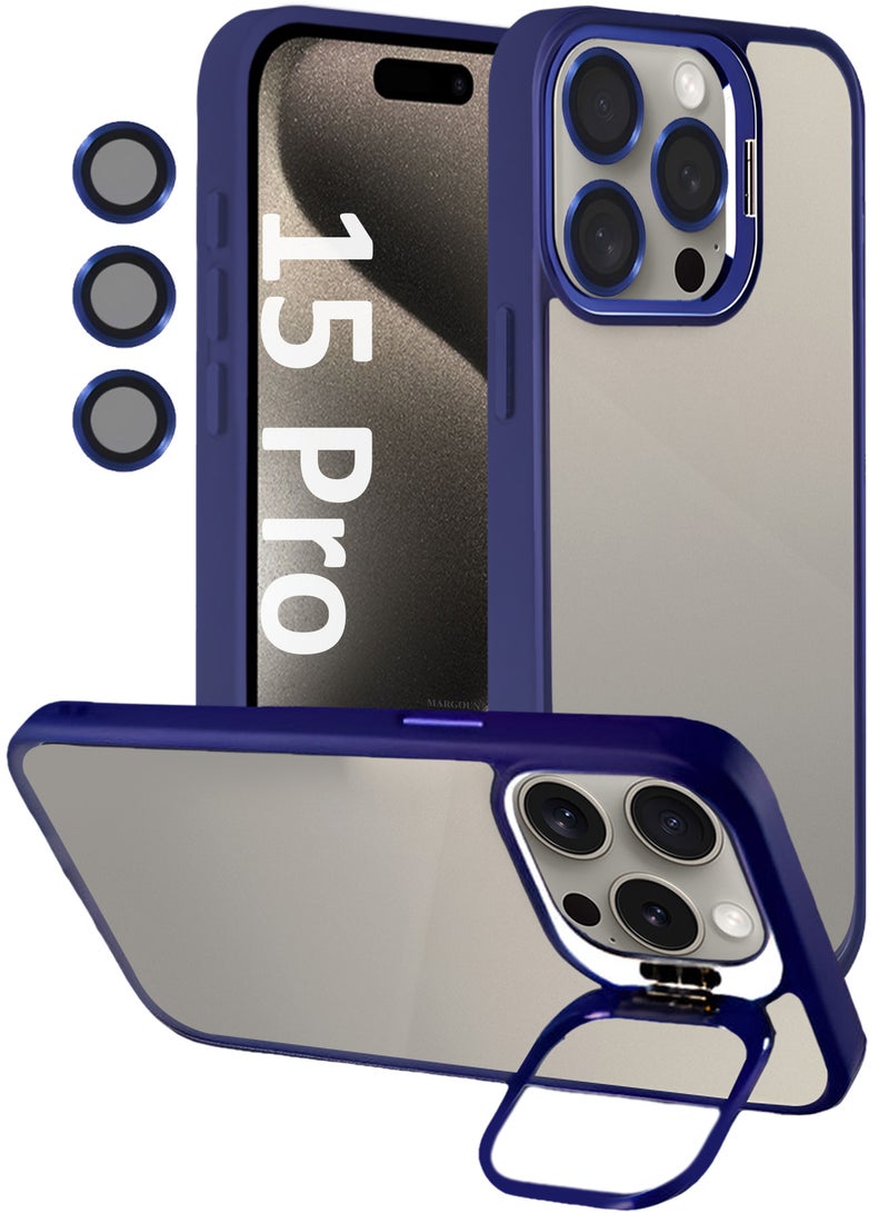 MARGOUN Clear Protective Case with Camera Lens Guard and Flip Stand for iPhone 15 Pro  – Anti-Scratch Shockproof Cover - blue - Image 1