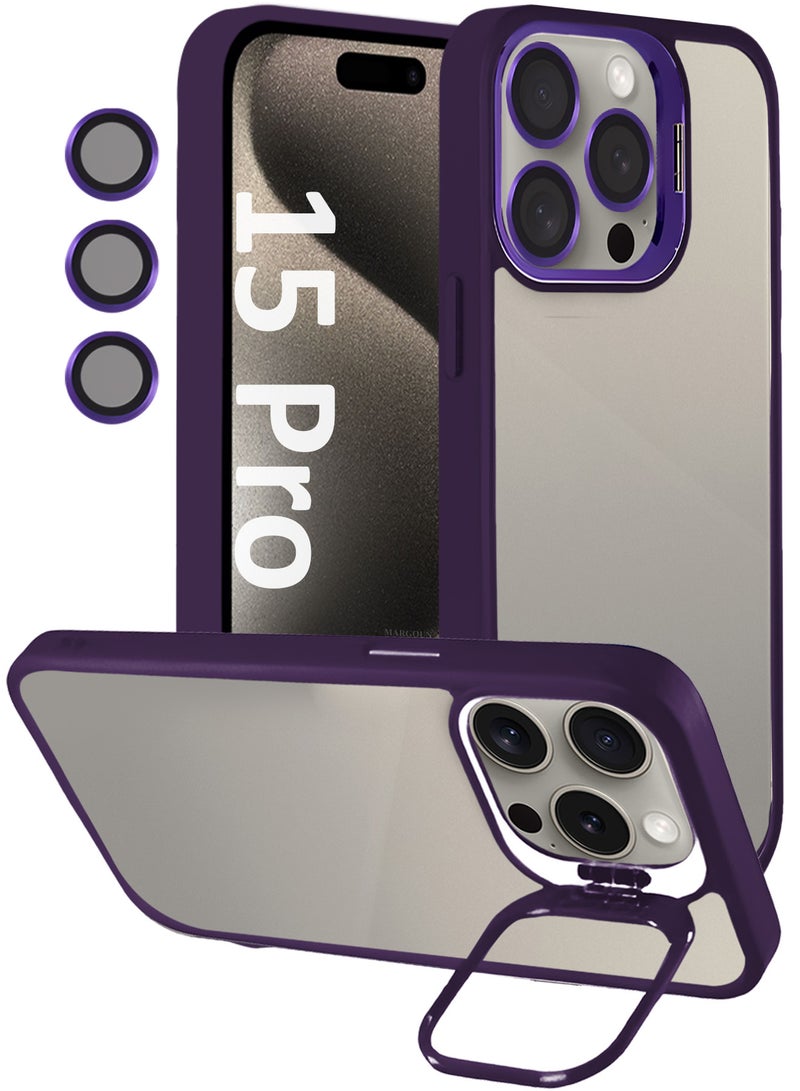 MARGOUN Clear Protective Case with Camera Lens Guard and Flip Stand for iPhone 15 Pro  – Anti-Scratch Shockproof Cover - purple - Image 1