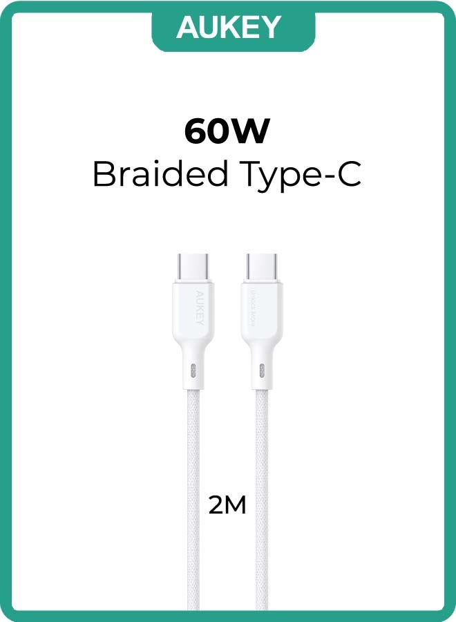 Aukey Circlit Blink 60W Lite Cable 2m. DTY Braided USB-C to USB-C - CB-DCC064 White - Image 1