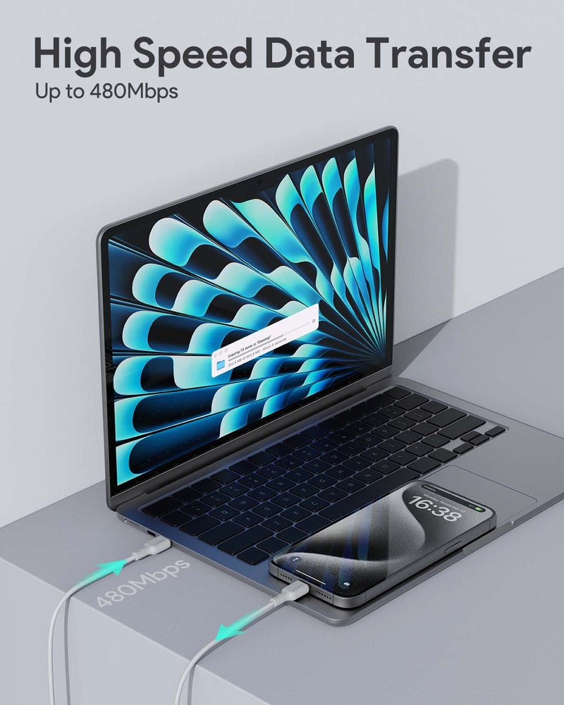 Aukey Circlit Blink 60W Lite Cable 2m. DTY Braided USB-C to USB-C - CB-DCC064 White - Image 3