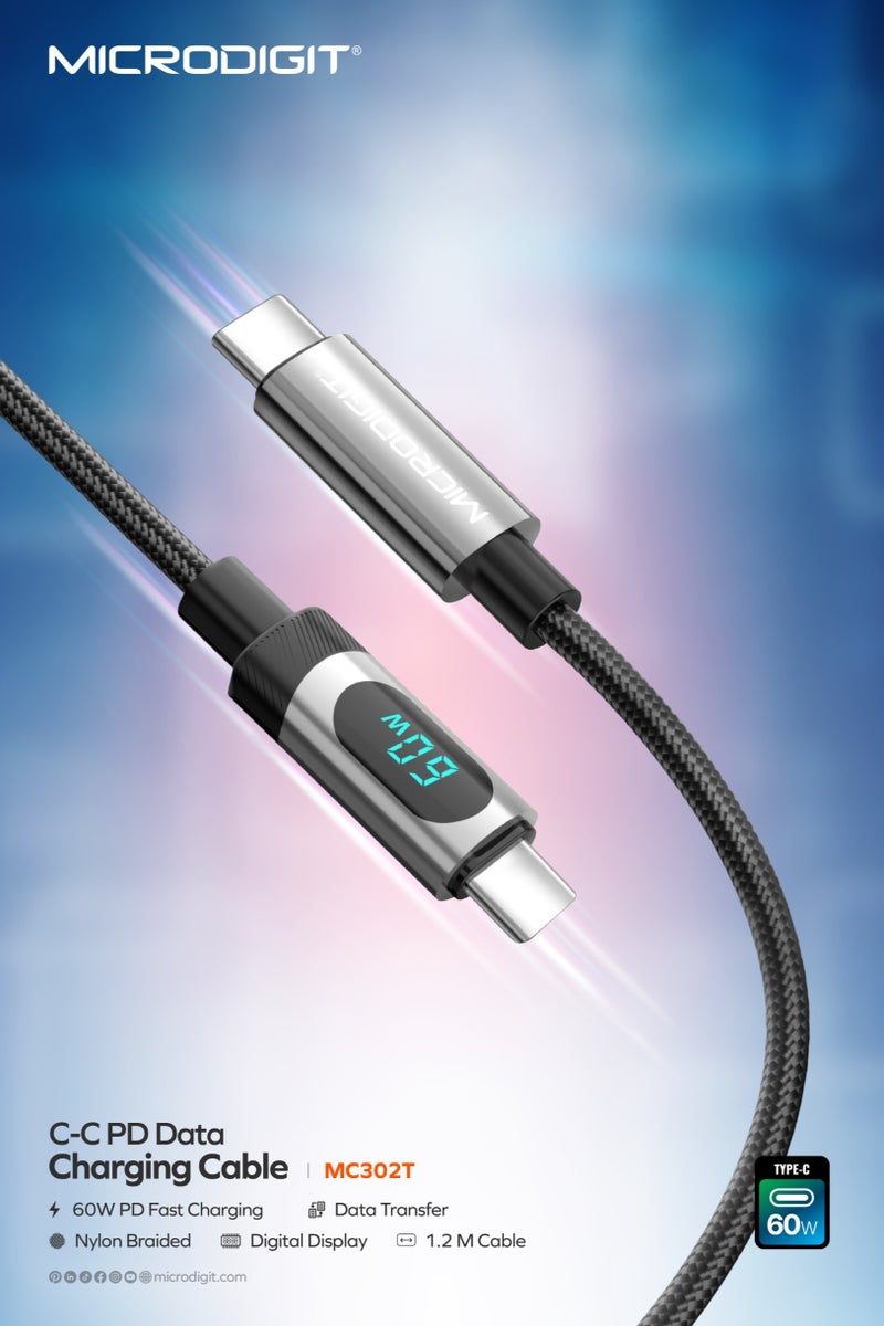 ميكرو ديجيت Microdigit MC302T - PD Type C to Type C 60W Fast Charging Cable, Faster Data Transfer, 3.1A ,1.2M, Nylon Braided Cable with Digital Display - Multicolour - Image 1