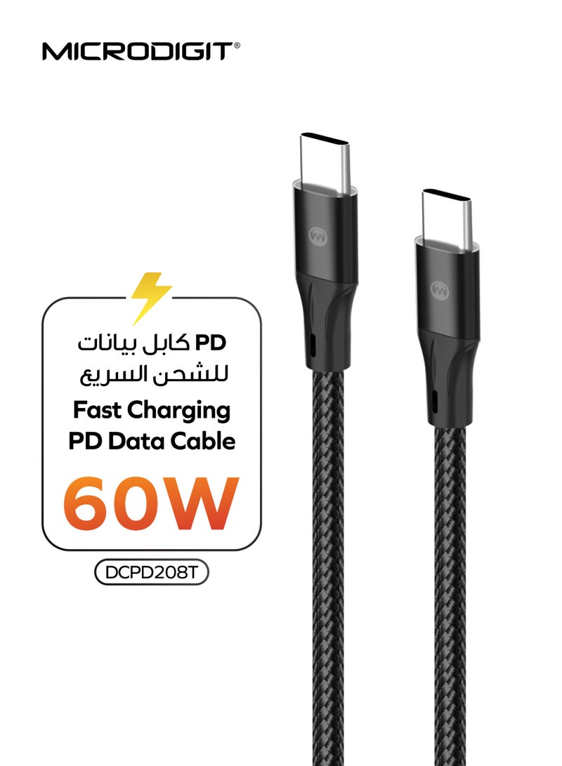 ميكرو ديجيت Microdigit MC302T - PD Type C to Type C 60W Fast Charging Cable, Faster Data Transfer, 3.1A ,1.2M, Nylon Braided Cable with Digital Display - Multicolour - Image 3