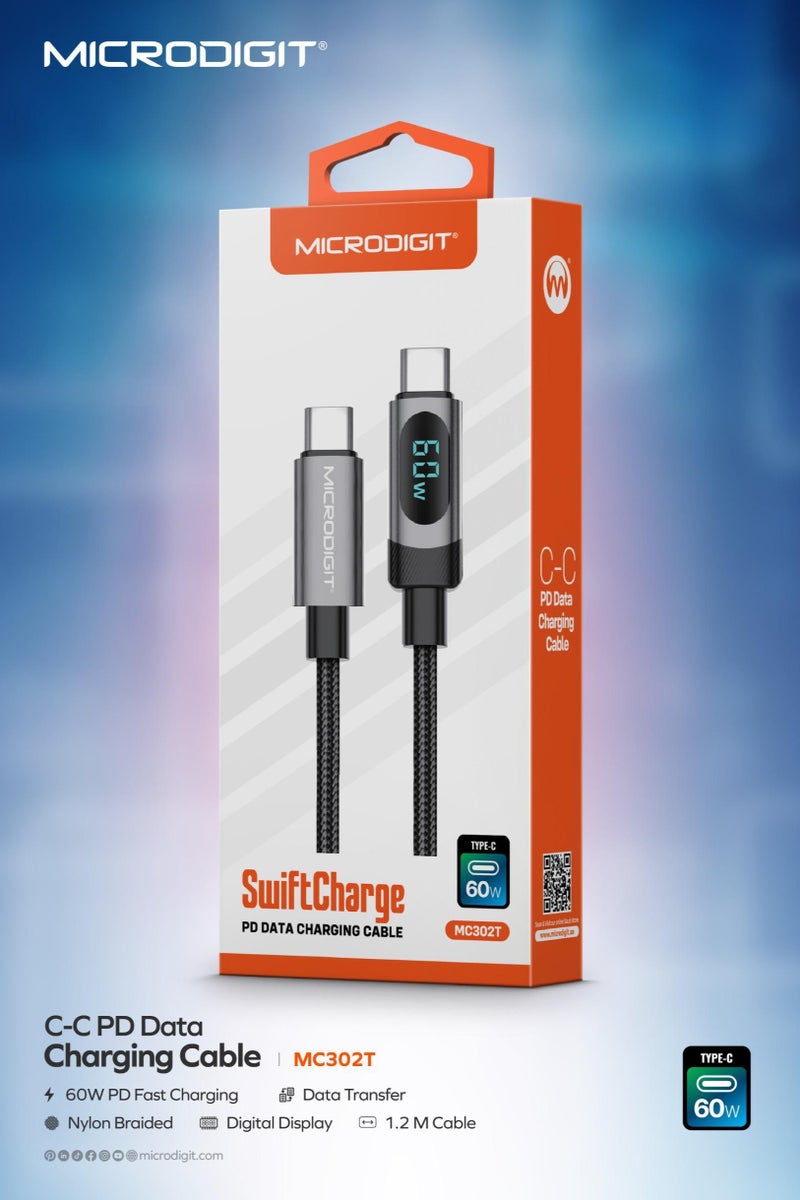 ميكرو ديجيت Microdigit MC302T - PD Type C to Type C 60W Fast Charging Cable, Faster Data Transfer, 3.1A ,1.2M, Nylon Braided Cable with Digital Display - Multicolour - Image 2