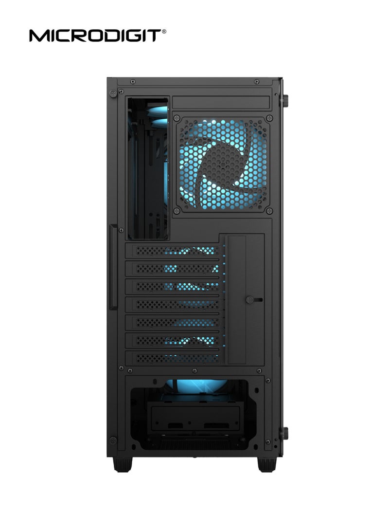 Microdigit Raider Series Desktop Gaming Computer Case / PC Cabinet Strata with Tempered Glass Side Panel & Cooling Fan With RGB Light - Supports ATX/ Micro ATX/ Mini ITX - MD0953PC - Image 4