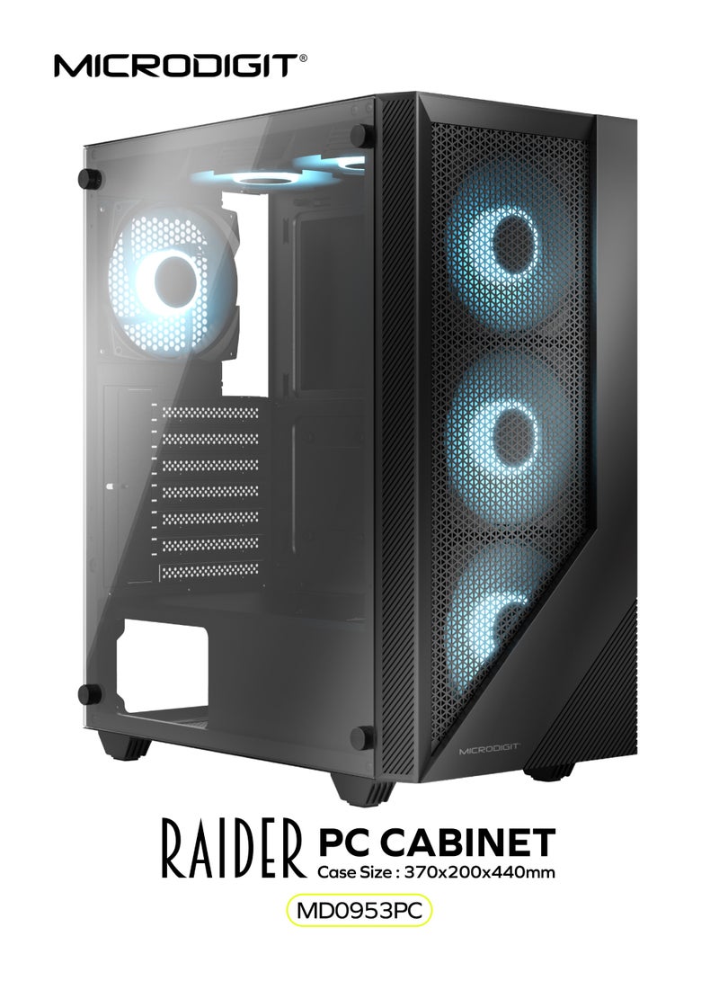 Microdigit Raider Series Desktop Gaming Computer Case / PC Cabinet Strata with Tempered Glass Side Panel & Cooling Fan With RGB Light - Supports ATX/ Micro ATX/ Mini ITX - MD0953PC - Image 1