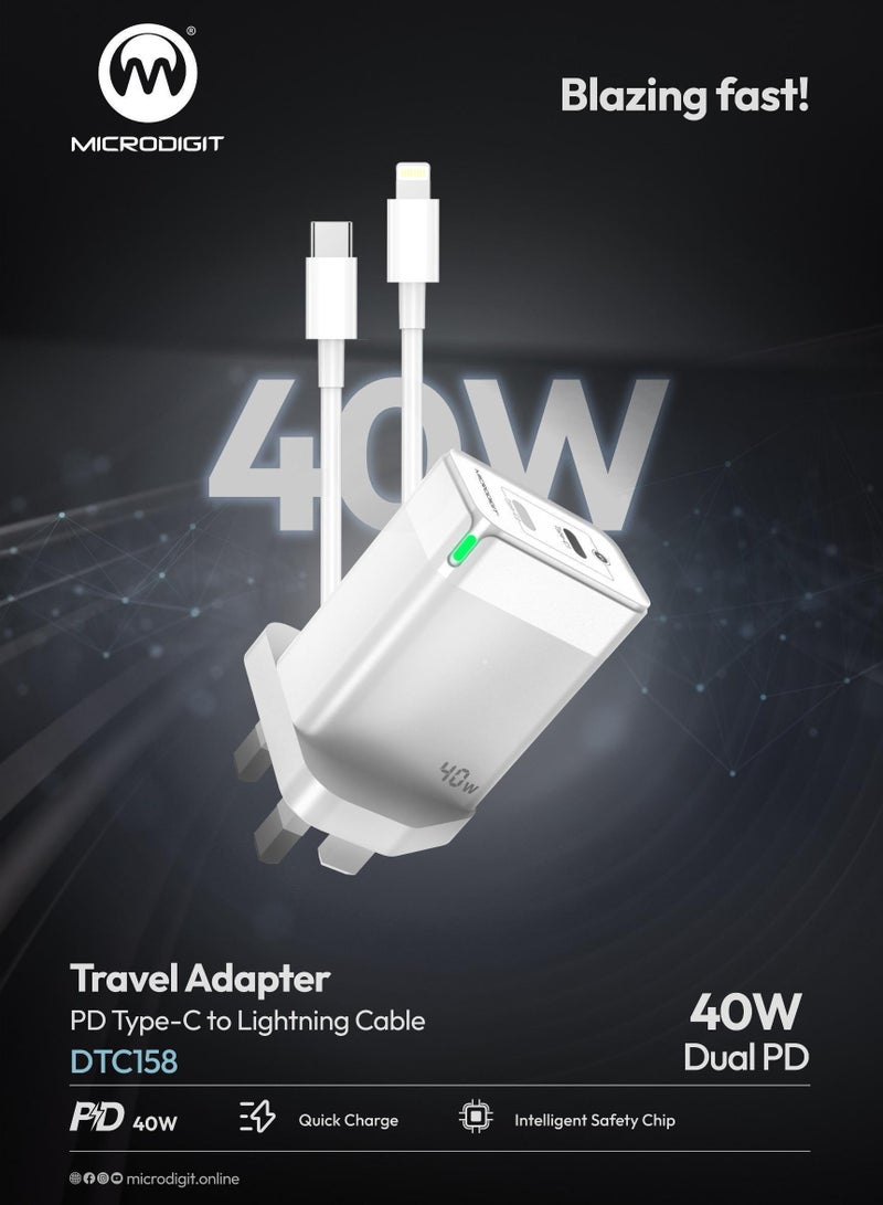 Microdigit Premium Charger Dual PD Type C  40W Fast Wall Charger With Type C To Lightning 1M Cable With  Intelligent Safety Chip White - Image 1