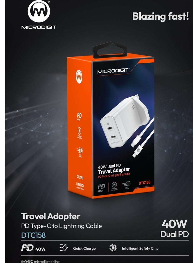 Microdigit Premium Charger Dual PD Type C  40W Fast Wall Charger With Type C To Lightning 1M Cable With  Intelligent Safety Chip White - Image 2