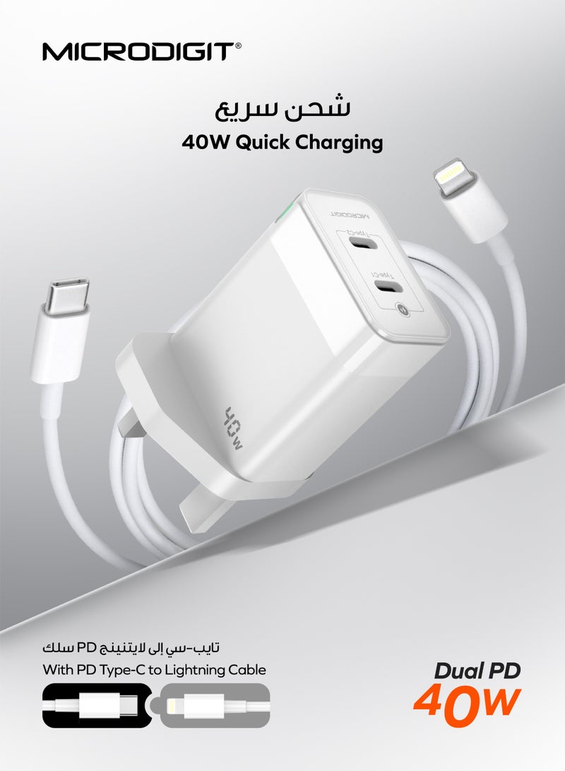 Microdigit Premium Charger Dual PD Type C  40W Fast Wall Charger With Type C To Lightning 1M Cable With  Intelligent Safety Chip White - Image 4