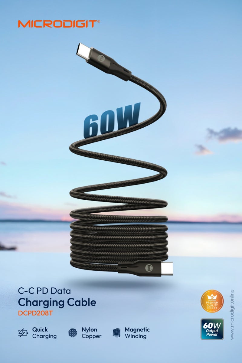 ميكرو ديجيت Premium Cable PD Type C to Type C 60W Fast Charging Cable, 3.1A ,1M, Nylon Copper Cable with Magnetic Winding Multicolour - Image 1