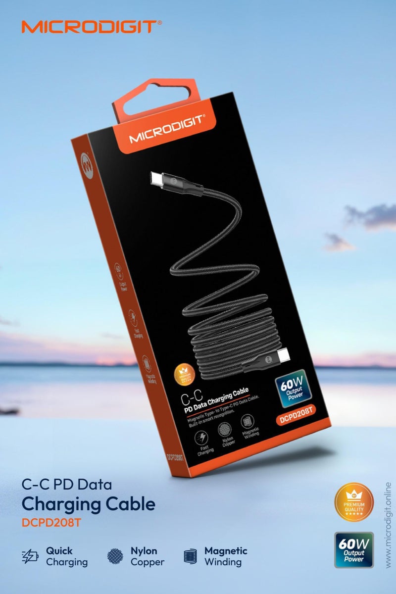ميكرو ديجيت Premium Cable PD Type C to Type C 60W Fast Charging Cable, 3.1A ,1M, Nylon Copper Cable with Magnetic Winding Multicolour - Image 2