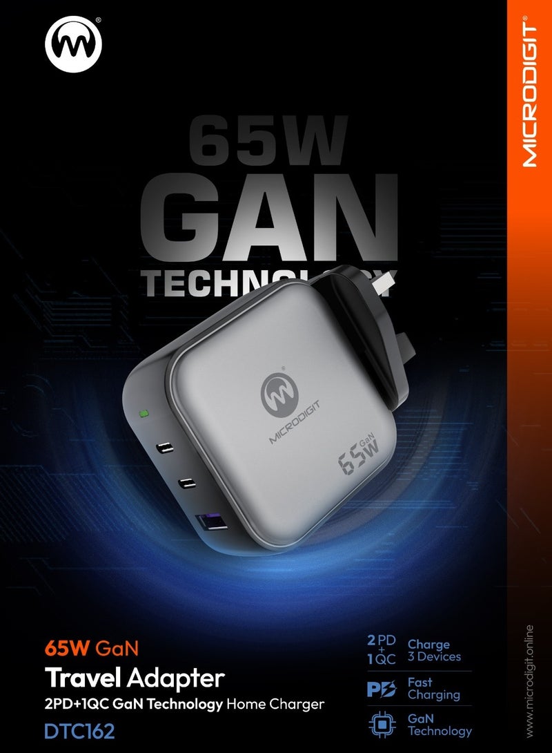 Microdigit Premium Charger 65W Dual PD Type C + 1 Type A QC Fast Wall Charger With GaN Technology and PPS 3.3 Support Black - Image 1