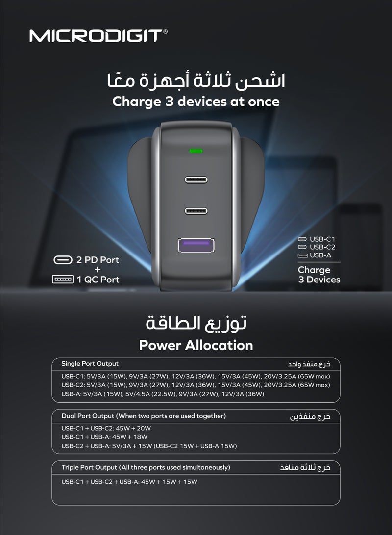 Microdigit Premium Charger 65W Dual PD Type C + 1 Type A QC Fast Wall Charger With GaN Technology and PPS 3.3 Support Black - Image 5