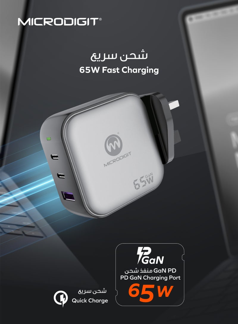 Microdigit Premium Charger 65W Dual PD Type C + 1 Type A QC Fast Wall Charger With GaN Technology and PPS 3.3 Support Black - Image 4