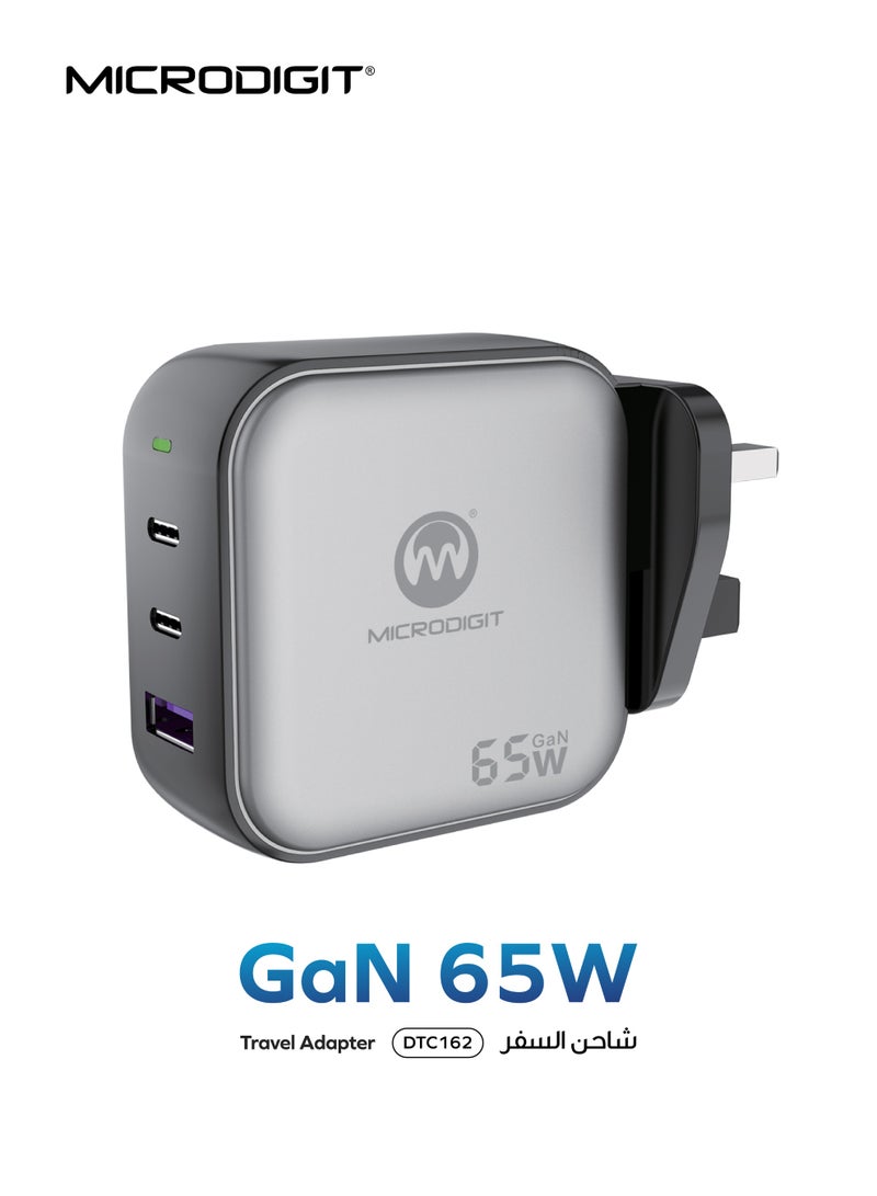 Microdigit Premium Charger 65W Dual PD Type C + 1 Type A QC Fast Wall Charger With GaN Technology and PPS 3.3 Support Black - Image 3
