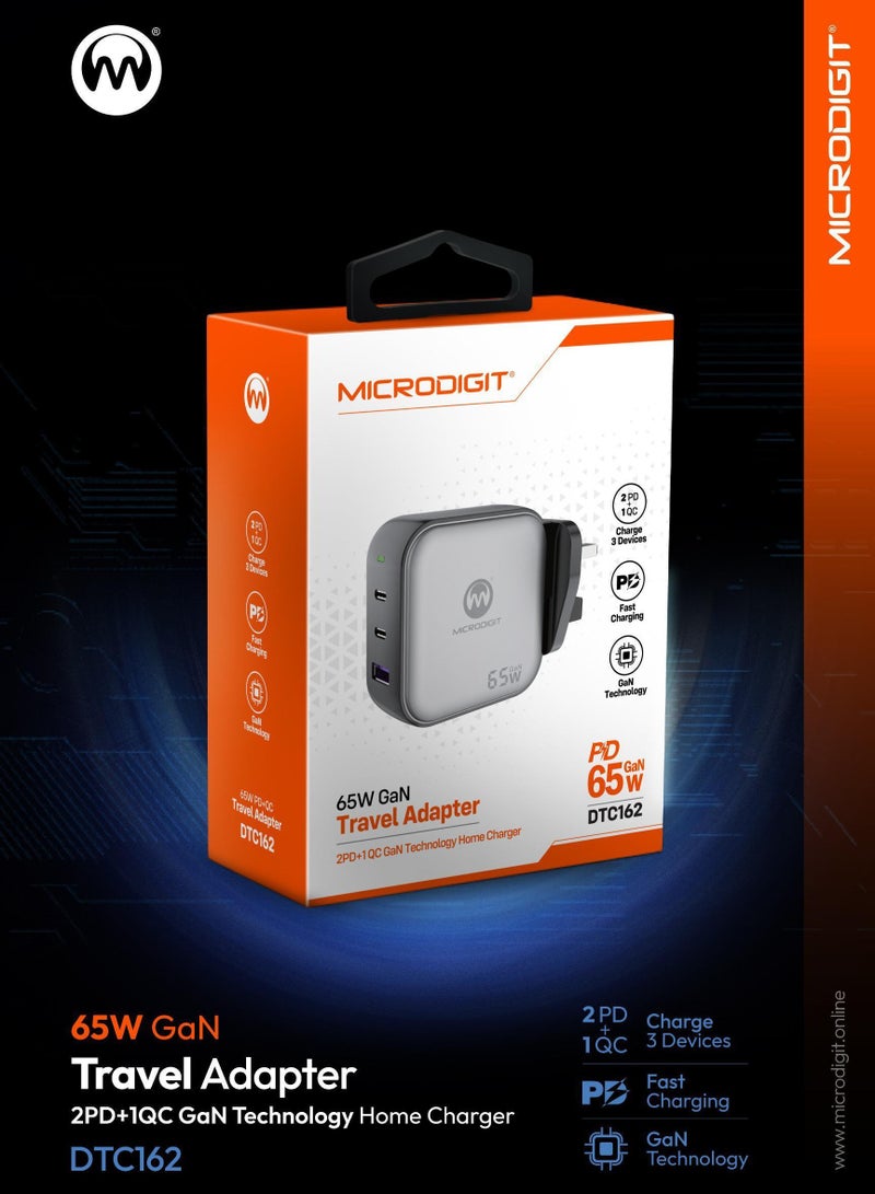 Microdigit Premium Charger 65W Dual PD Type C + 1 Type A QC Fast Wall Charger With GaN Technology and PPS 3.3 Support Black - Image 2