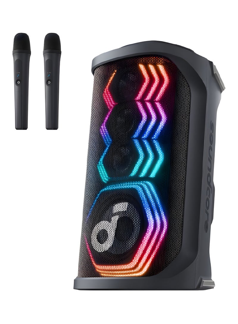 ساوند كور مكبر صوت الحفلات Rave 3S AI، مكبر صوت حفلات بقوة 200 واط مع 2 ميكروفون لاسلكي، إزالة الصوت بالذكاء الاصطناعي، عرض ضوء RGB، بطارية لمدة 12 ساعة - Image 1