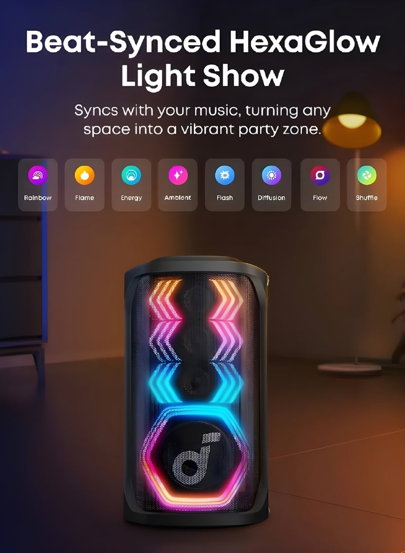 ساوند كور مكبر صوت الحفلات Rave 3S AI، مكبر صوت حفلات بقوة 200 واط مع 2 ميكروفون لاسلكي، إزالة الصوت بالذكاء الاصطناعي، عرض ضوء RGB، بطارية لمدة 12 ساعة - Image 5