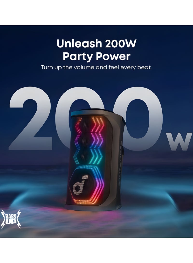 ساوند كور مكبر صوت الحفلات Rave 3S AI، مكبر صوت حفلات بقوة 200 واط مع 2 ميكروفون لاسلكي، إزالة الصوت بالذكاء الاصطناعي، عرض ضوء RGB، بطارية لمدة 12 ساعة - Image 4