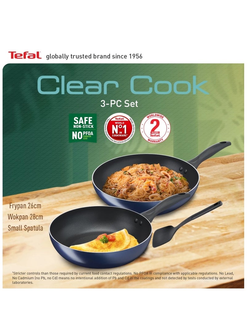 تيفال Clear Cook 3pcs set (Frypan 26cm + Wokpan 28cm + Small spatula) (Non-stick cookware set) multicolour Frypan 26cm + Wokpan 28cmcm - Image 2