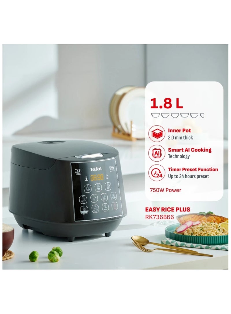 تيفال طباخ الأرز سهل الاستخدام بلس RK736B - طباخ أرز، 750 واط، منطق ضبابي مع وعاء كروي، 1.8 لتر، طهي ذكي بالذكاء الاصطناعي، 11 برنامج طهي، فحم - Image 2