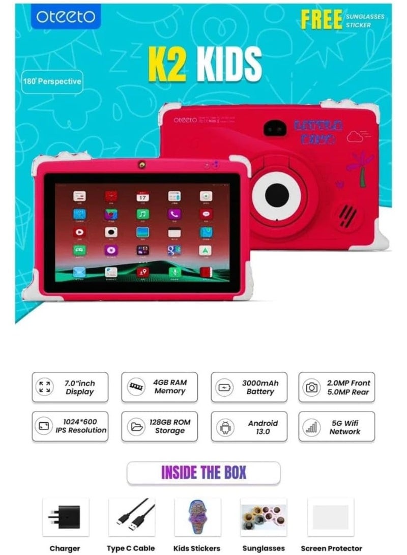 Oteeto Tab K2 Kids Tablet, 7-inch HD Display, Android, Educational Learning Apps, WiFi, Kid-Proof Case, Educational Tablet for Kids (Ages 3–12) (Pink) - Image 3
