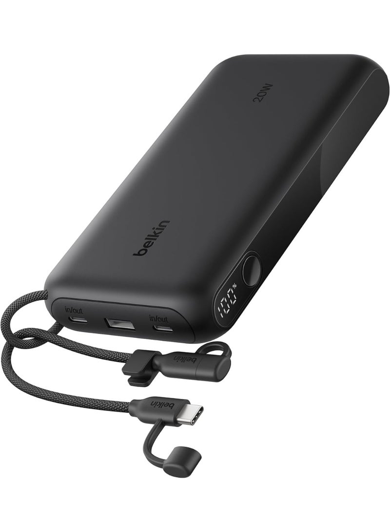 بيلكين Portable Charger, USB-C Power Bank 20,000mAh with 2x Type C Ports & 1x USB-A Port, Digital Battery Display, 20W Charging for iPhone 16 Series, Samsung Galaxy S25, Pixel 9, iPad, & More - Black - Image 1
