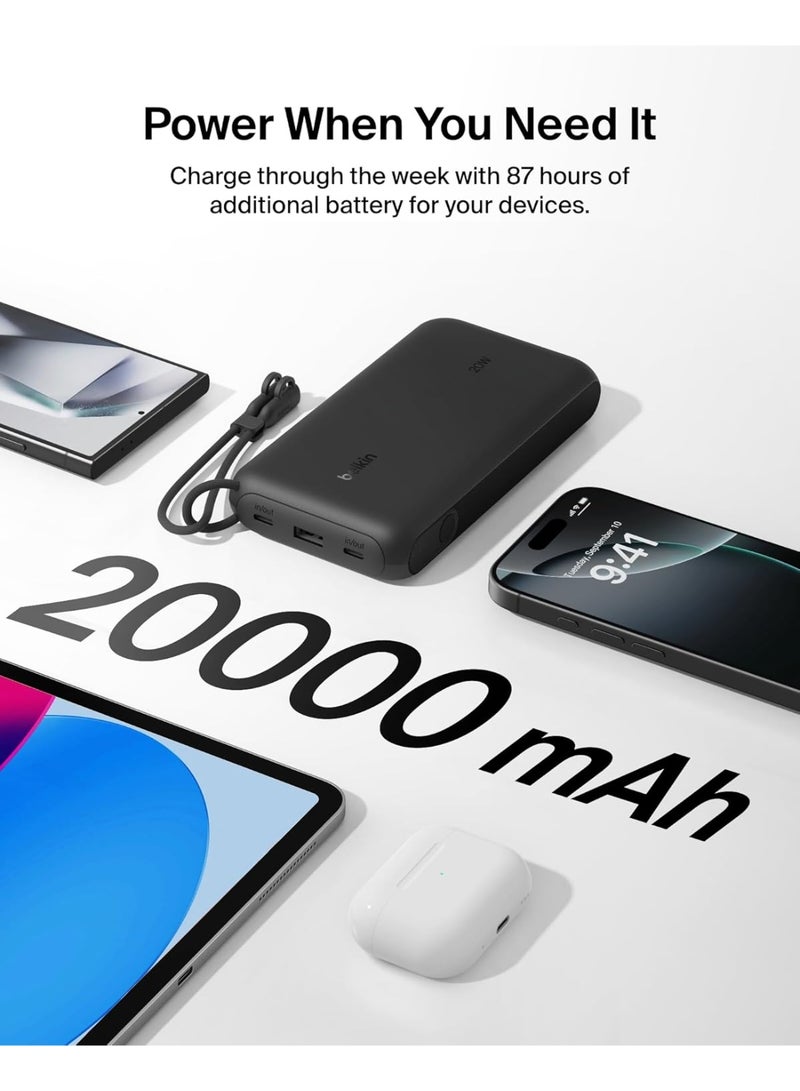 بيلكين Portable Charger, USB-C Power Bank 20,000mAh with 2x Type C Ports & 1x USB-A Port, Digital Battery Display, 20W Charging for iPhone 16 Series, Samsung Galaxy S25, Pixel 9, iPad, & More - Black - Image 4
