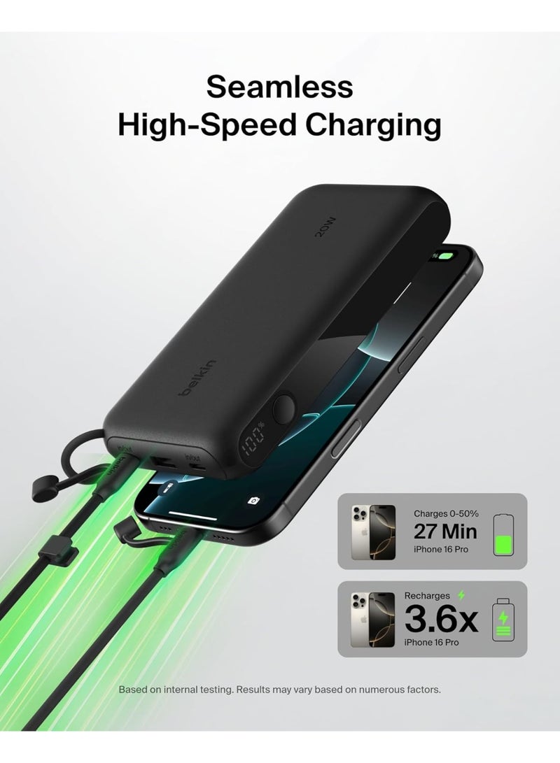 بيلكين Portable Charger, USB-C Power Bank 20,000mAh with 2x Type C Ports & 1x USB-A Port, Digital Battery Display, 20W Charging for iPhone 16 Series, Samsung Galaxy S25, Pixel 9, iPad, & More - Black - Image 3