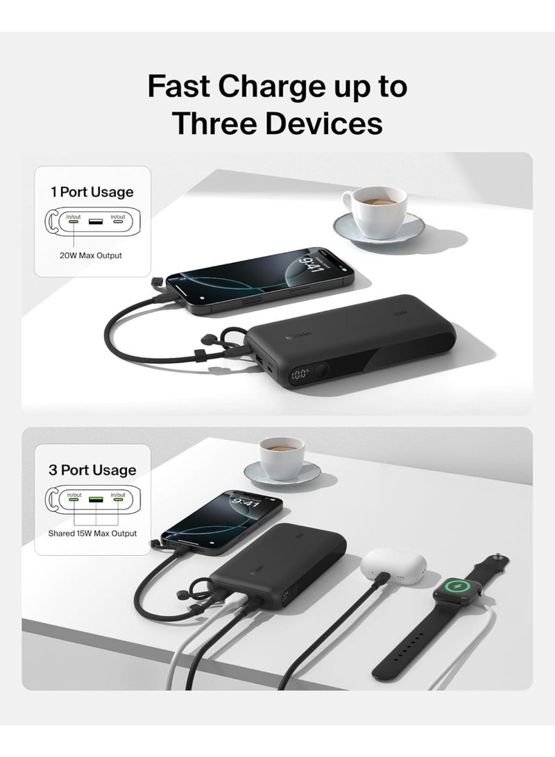 بيلكين Portable Charger, USB-C Power Bank 20,000mAh with 2x Type C Ports & 1x USB-A Port, Digital Battery Display, 20W Charging for iPhone 16 Series, Samsung Galaxy S25, Pixel 9, iPad, & More - Black - Image 2
