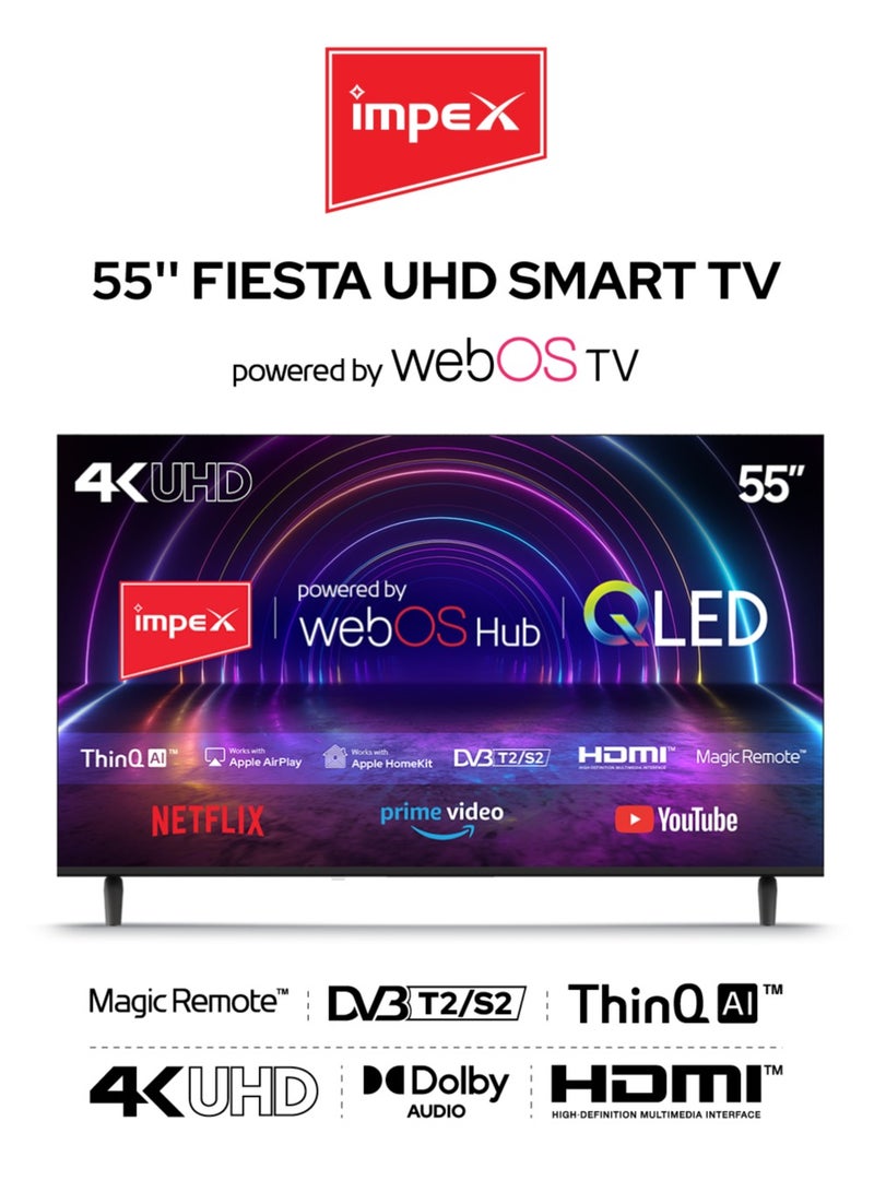 Impex 55-Inch WebOS Smart QLED TV | 4K Ultra HD TV | ThinQ AI, Magic Remote, Dolby Audio, Apple AirPlay, Apple Home, Netflix, YouTube, Prime Video | 8GB Storage, 1.5GB RAM | HDMI, USB, AV & RJ45 Input | Energy Saving, Super Slim Design | Fiesta55Q Black - Image 1