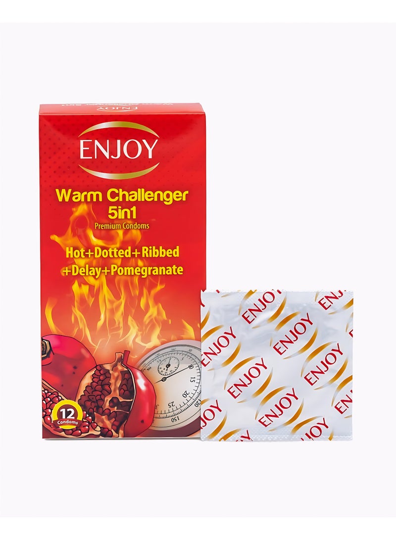 ENJOY Warm Challenger Condoms 5 in 1 | Premium Latex Condoms | Hot + Dotted + Ribbed + Delay + Pomegranate | Extra Sensation & Long-Lasting Pleasure | Large Size 52mm | Safe, Natural & Comfortable - Image 1
