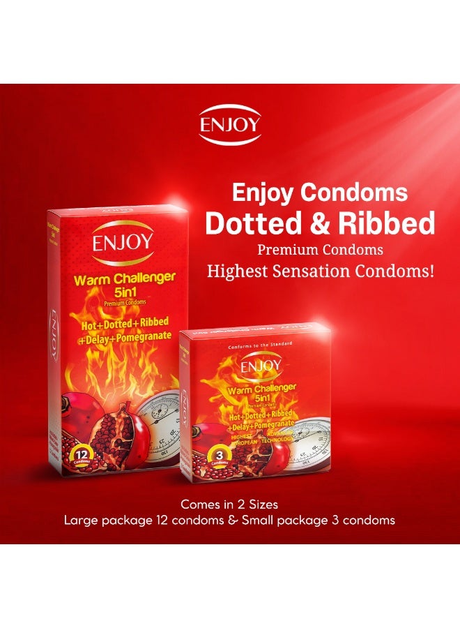 ENJOY Warm Challenger Condoms 5 in 1 | Premium Latex Condoms | Hot + Dotted + Ribbed + Delay + Pomegranate | Extra Sensation & Long-Lasting Pleasure | Large Size 52mm | Safe, Natural & Comfortable - Image 5
