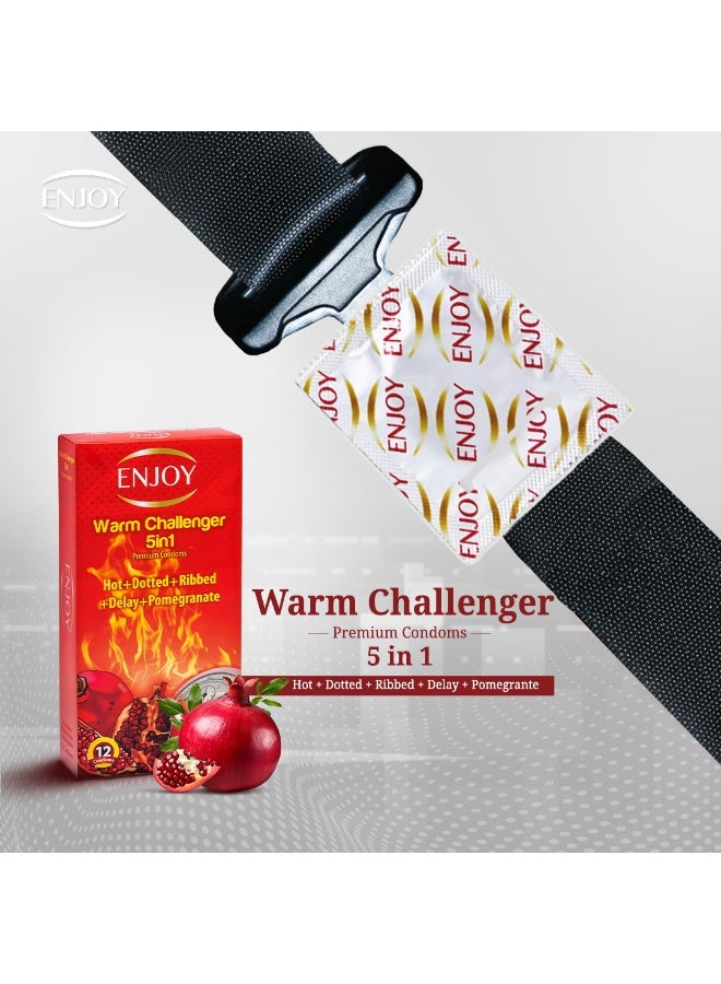 ENJOY Warm Challenger Condoms 5 in 1 | Premium Latex Condoms | Hot + Dotted + Ribbed + Delay + Pomegranate | Extra Sensation & Long-Lasting Pleasure | Large Size 52mm | Safe, Natural & Comfortable - Image 2