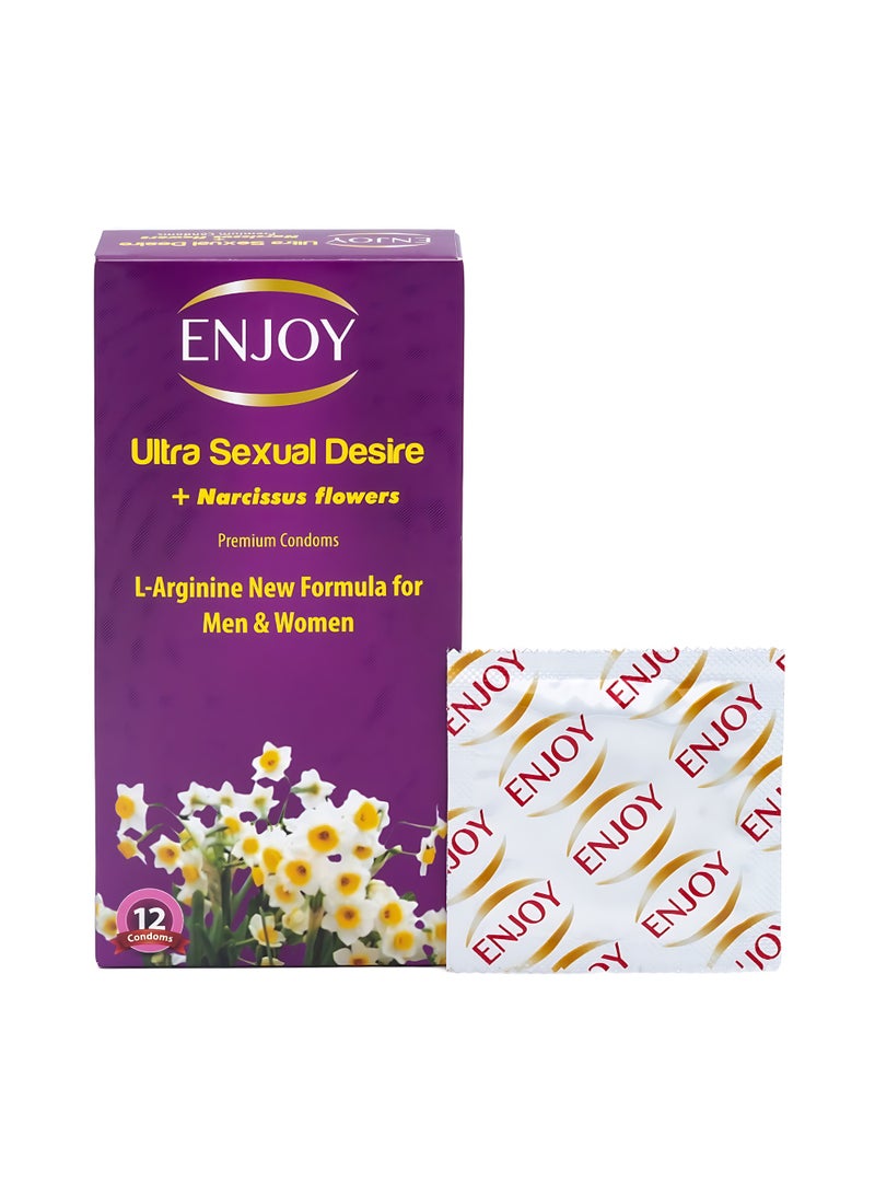 ENJOY Ultra Sexual Desire Condoms + Narcissus Flowers | Premium Latex Condoms with L-Arginine New Formula for Men & Women | Extra Strength, Performance & Pleasure | Natural Safe Latex | 12 pcs - Image 1