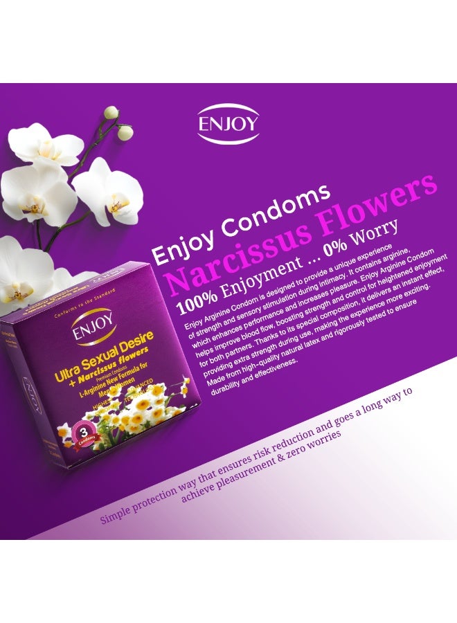 ENJOY Ultra Sexual Desire Condoms + Narcissus Flowers | Premium Latex Condoms with L-Arginine New Formula for Men & Women | Extra Strength, Performance & Pleasure | Natural Safe Latex | 12 pcs - Image 3