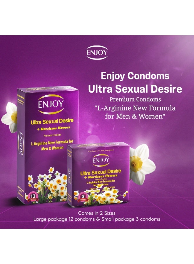 ENJOY Ultra Sexual Desire Condoms + Narcissus Flowers | Premium Latex Condoms with L-Arginine New Formula for Men & Women | Extra Strength, Performance & Pleasure | Natural Safe Latex | 12 pcs - Image 4